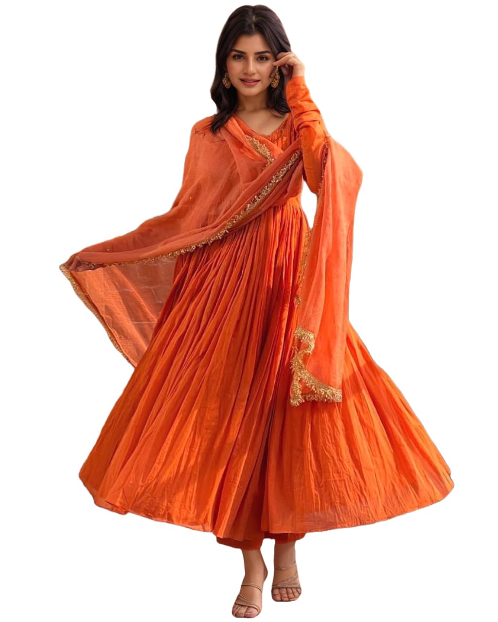 Anni Designer Women'S Rayon Viscose Anarkali Solid Kurta With Pant & Dupatta (Garbo Orange-Vks02_L_Orange_Large),Orange,L