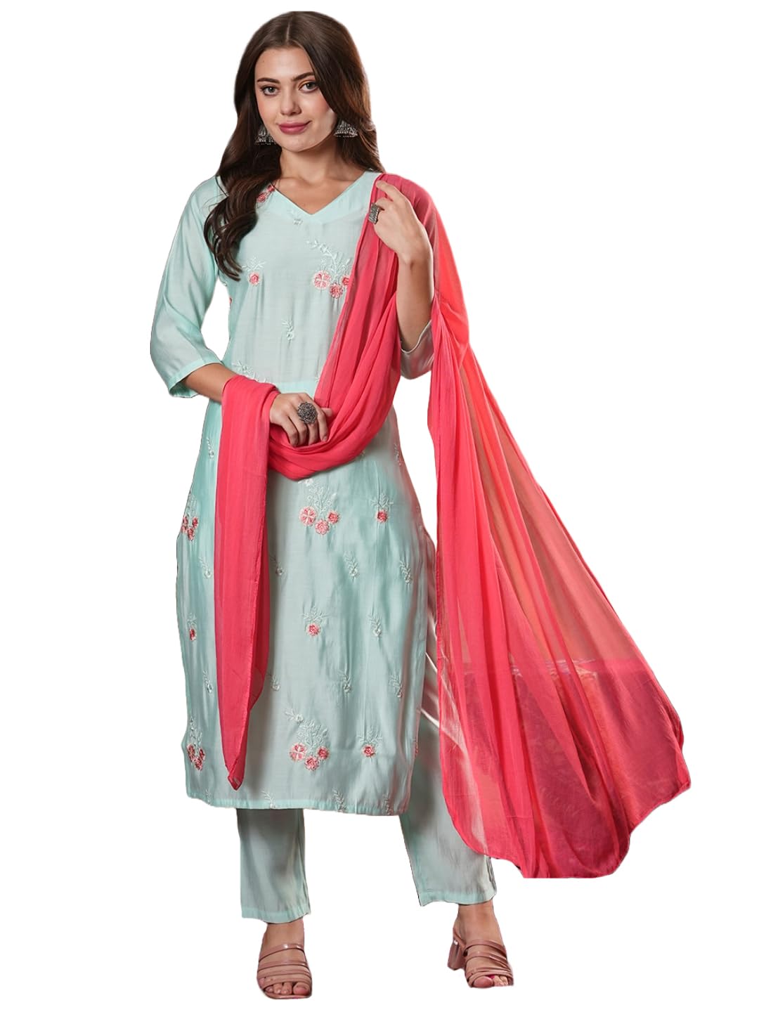 Gosriki Women'S Rayon Blend Embroidered Straight Kurta With Pant & Dupatta (Baad Green-Vks07-Gs_L_Green_Large),Green,,B0DM1XGZHN