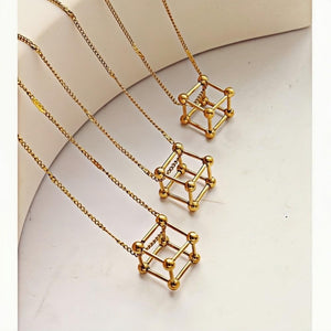 Gold Geometric Cube Necklace 3D Stainless Steel Structure Pendant on 40+5cm Chain Minimalist Modern Jewelry