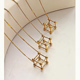 Gold Geometric Cube Necklace 3D Stainless Steel Structure Pendant on 40+5cm Chain Minimalist Modern Jewelry
