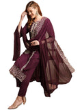 Gosriki Women'S Rayon Blend Straight Embroidered Kurta With Pant & Dupatta (Trp Wine-Gs_M_Wine_Medium),Wine,,B0DC6KYDZ2