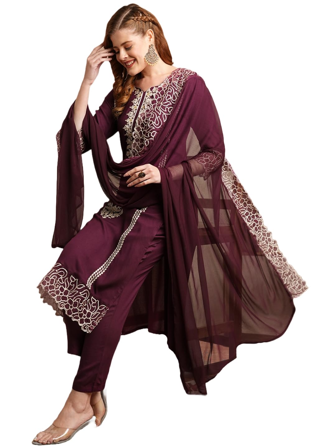 Anni Designer Women'S Rayon Blend Straight Embroidered Kurta With Pant & Dupatta (Trp Wine_Xxl_Wine_Xx-Large),Wine,2XL