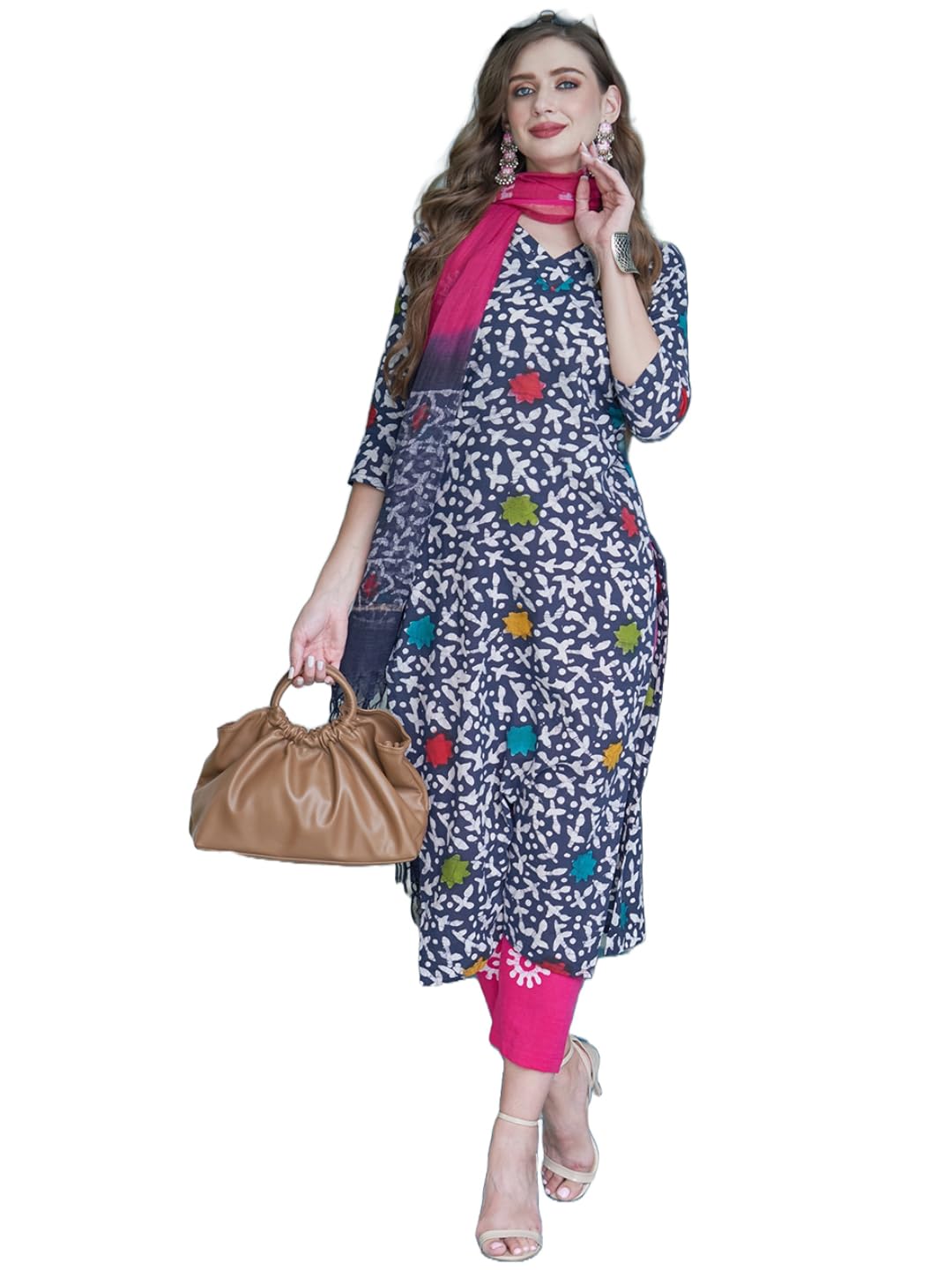 Anni Designer Women'S Cotton Blend Straight Printed Kurta With Pant & Dupatta (Tingu Blue_S_Blue_Small),Blue,S,,,