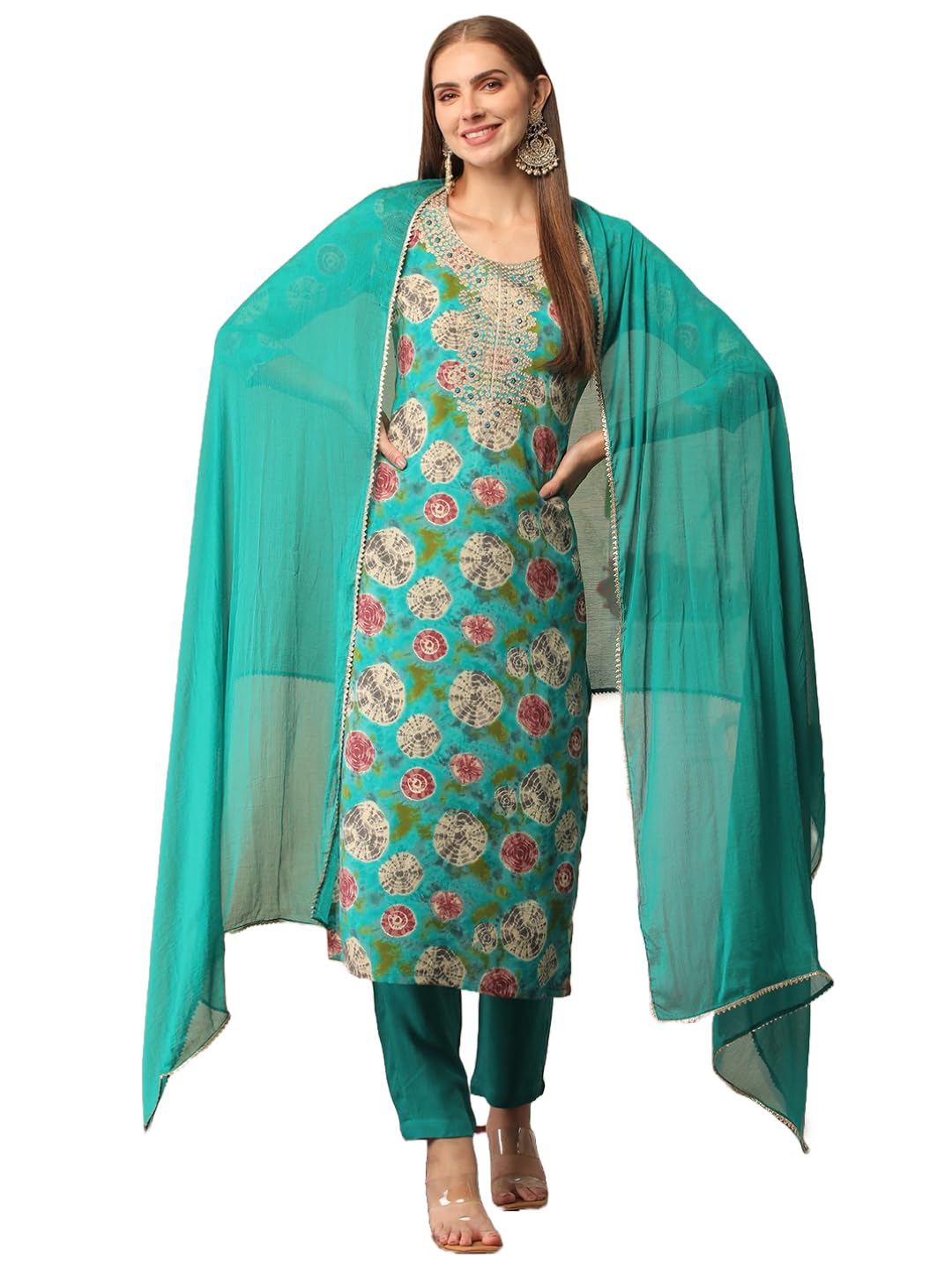 Anni Designer Women'S Cotton Blend Printed Straight Kurta With Pant & Dupatta (Aj Lee Rama_Xxl_Green_Xx-Large),Green,2XL