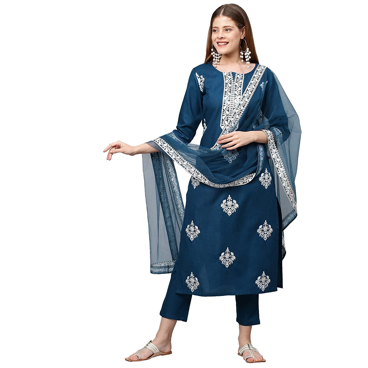 Gosriki Women'S Cotton Blend Straight Embroidered Kurta With Pant & Dupatta (Weekend Rama-New_Xl-Go_Rama_X-Large),Rama,,B0B4FXRNFD