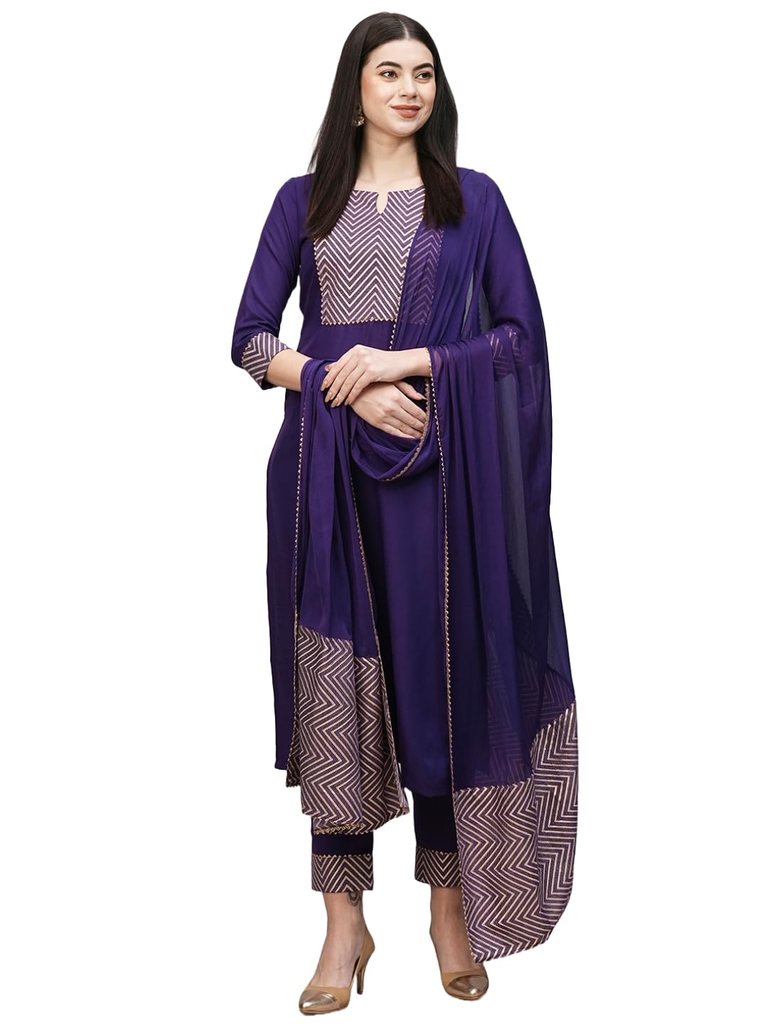 Gosriki Women'S Cotton Blend Straight Printed Kurta With Pant & Dupatta (Kiku Begani-Gs_S_Purple_Small),Purple,,B0CS613HJ8