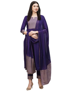 Gosriki Women'S Cotton Blend Straight Printed Kurta With Pant & Dupatta (Kiku Begani-Gs_S_Purple_Small),Purple,,B0CS613HJ8