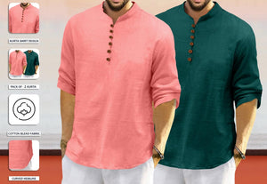 Royalscout Men'S Cotton Polyester Blend Solid Regular Fit Full Sleeve Short Kurta | Ethnic, Lightweight Summer Kurta For Daily & Occasion Use Peach-Green 3Xl