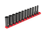 TEKTON 3/8 Inch Drive Deep 12-Point Impact Socket Set with Rail, 12-Piece (8-19 mm) | SID91111