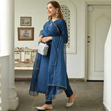 Gosriki Women'S Cotton Blend Solid Straight Kurta With Pant & Dupatta (Jita Blue-Gs_L_Blue_Large),Blue,,B0C9QWD76Z