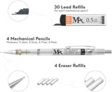 MozArt Mechanical Pencil Set with Case - 4 Sizes: 0.3, 0.5, 0.7 & 0.9mm with 30 HB Lead Refills Each & 4 Eraser Refills -Sketch,