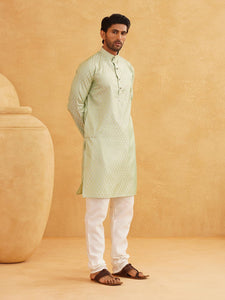 Sojanya (Since 1958 Men'S Jacq Silk Pista Green Self Design Kurta & Off-White Churidar Pyjama Set Size 44