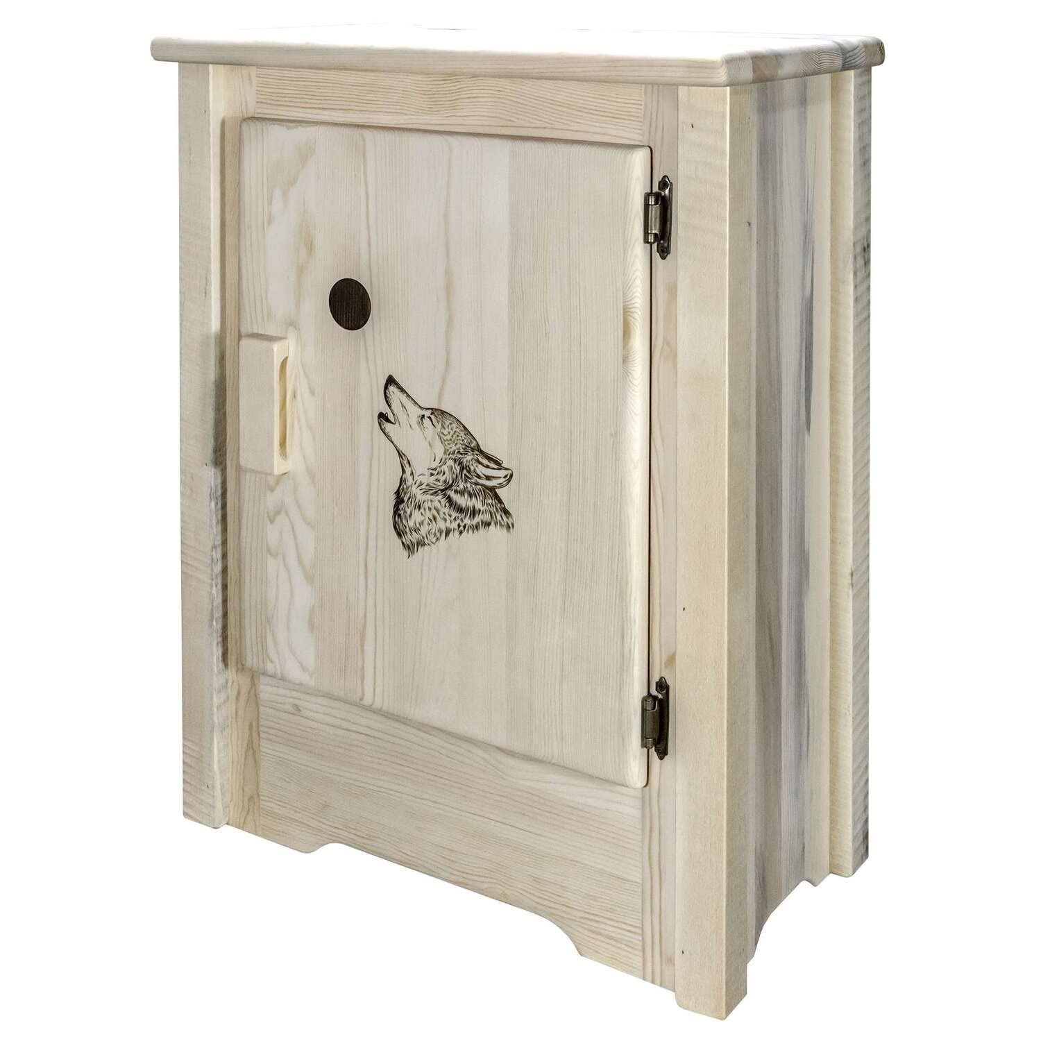 Montana Woodworks Homestead Collection Accent Cabinet With Laser Engraved Wolf Design, Right Hinged, Ready To Finish