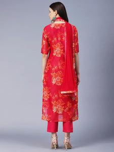 Anni Designer Women'S Chanderi Cotton Printed Straight Kurta With Pant & Dupatta (Aux-Orange_Xl_Pink_X-Large),Pink,XL,Cotton,Regular,Dupatta