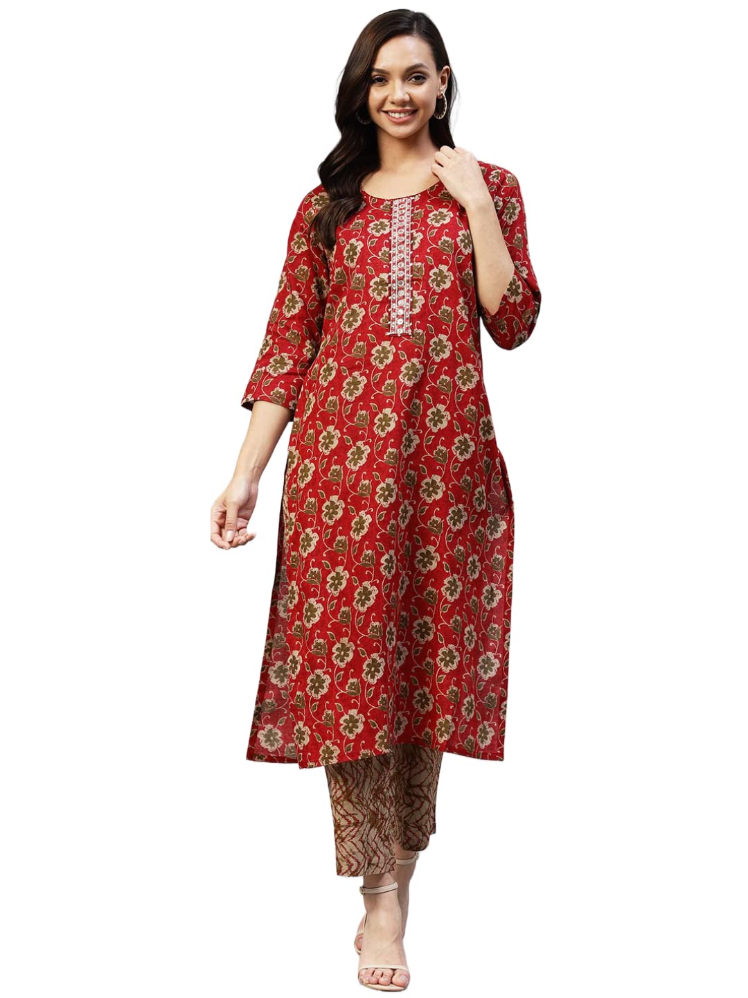 Anni Designer Women'S Cotton Blend Printed Straight Kurta With Pant (Duran Red-Nwfb08_L_Red_Large),Red,L