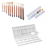 Ginroo Box Big Colour Mixing Plate/Palette + 12 Flat/Round Paint Brushes For Artists/Students/Kids + 1 Round Paint Brush Holder