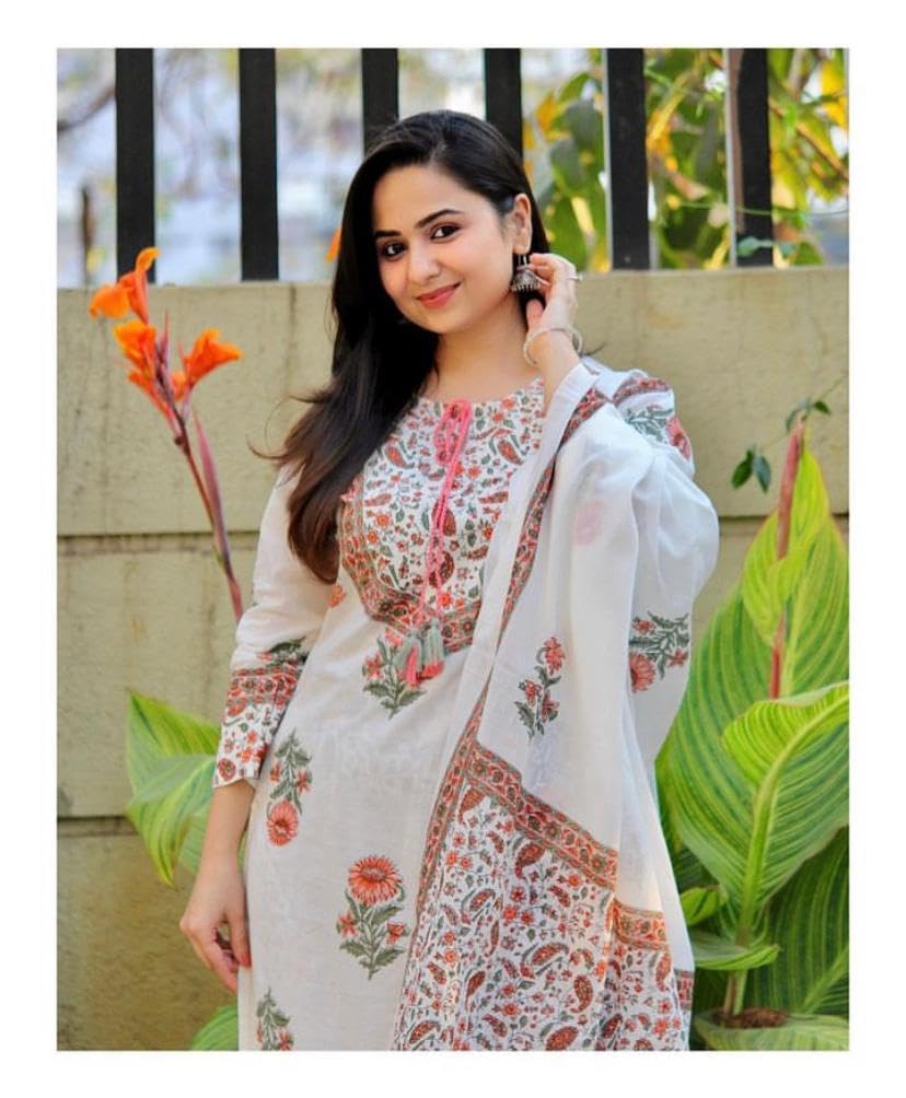 Alvami Women Viscose Printed Straight Kurta Pant With Dupatta Set (L) White