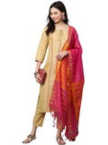 Anni Designer Women'S Cotton Blend Straight Printed Kurta With Pant & Dupatta (Carnival Beige_S_Beige_Small),Beige,S
