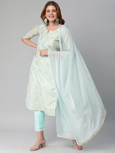 Anni Designer Women'S Banarasi Woven Straight Embellished Printed Kurta With Pant & Dupatta (Kabzaa-Cyan-Nw_L_Cyan_Large),Cyan,L,Banarasi Woven,Regular,