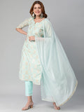 Anni Designer Women'S Banarasi Woven Straight Embellished Printed Kurta With Pant & Dupatta (Kabzaa-Cyan-Nw_L_Cyan_Large),Cyan,L,Banarasi Woven,Regular,