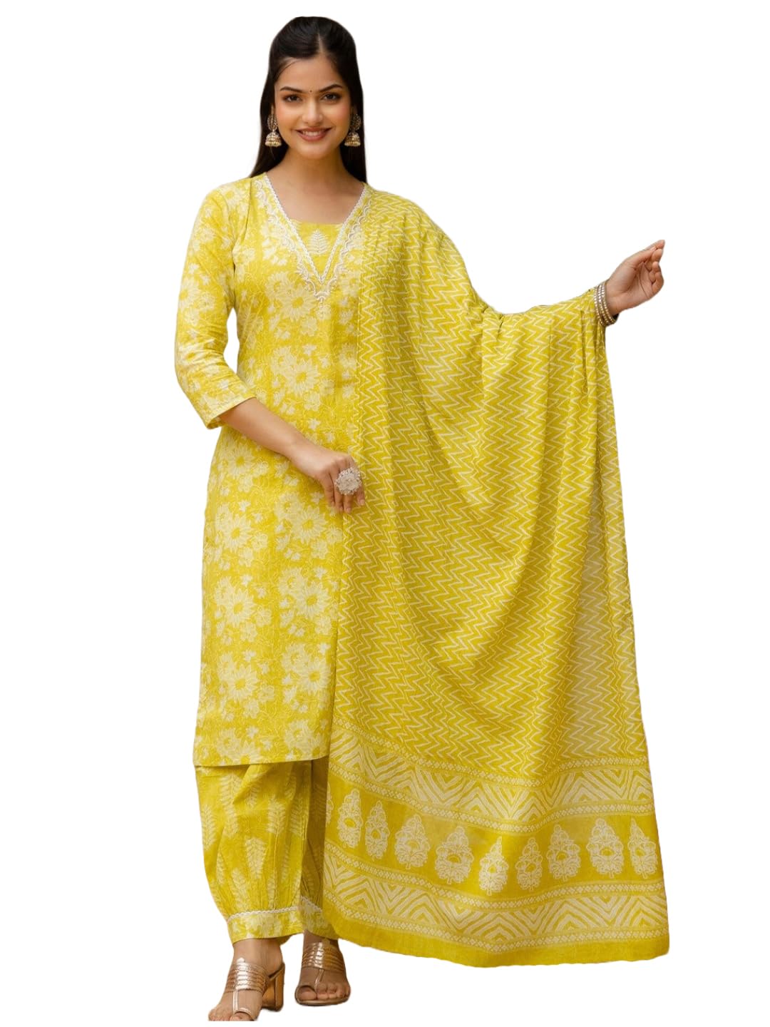 Anni Designer Women'S Rayon Blend Straight Printed Kurta With Patiala & Dupatta (Sahima Yellow_M_Yellow_Medium),Yellow,M,,,