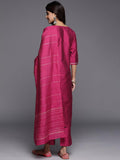 Libas Pink Yoke Design Silk Blend Straight Kurta With Trousers & Dupatta Pink L Gs801