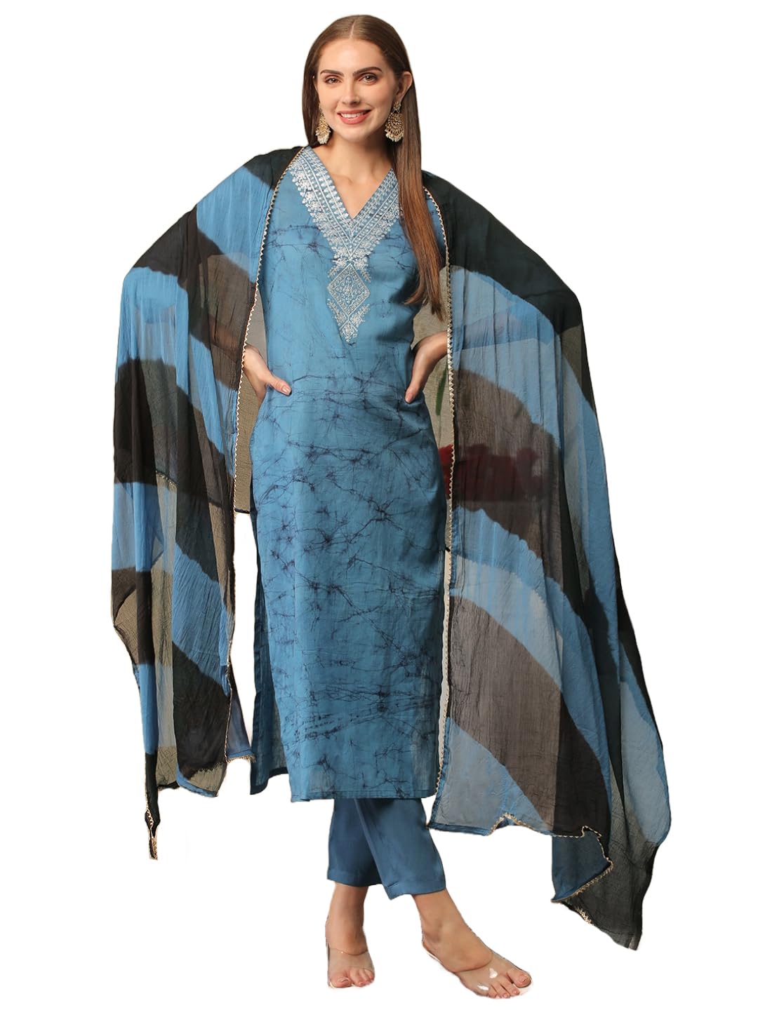 Anni Designer Women'S Cotton Blend Printed Straight Kurta With Pant & Dupatta (Suhana Blue_L_Blue_Large),Blue,L,,,