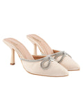 Shoetopia Women'S Golden Elegant Ivory Satin Mule Heels With Crystal Bow Pointed Toe Slip-On Dress Rhinestone For Party Or Evening Events Eu40,Gold,7,B0DJJWPG4C
