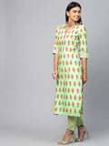 Anni Designer Women'S Cotton Blend Straight Printed Kurta With Pant (Carto Green_L_Green_Large),Green,L,Cotton Blend,Straight,kurta