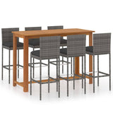 Vidaxl Patio Bar Set, 7-Piece Outdoor Furniture With Stools And Table, Solid Acacia Wood With Oil Finish, Gray Poly Rattan Chairs With Cushions, Garden, Terrace, Farmhouse Style