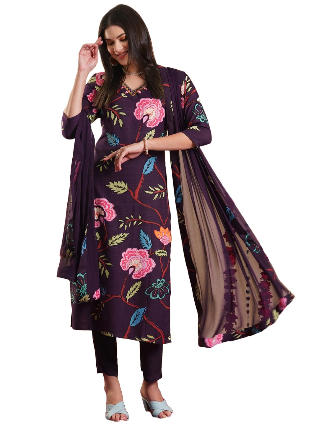 Gosriki Women'S Rayon Blend Straight Printed Kurta With Pant & Dupatta (Twig Voilet-Gs_Xxl_Violet_Xx-Large),Violet,2,B0DC6JQRVD