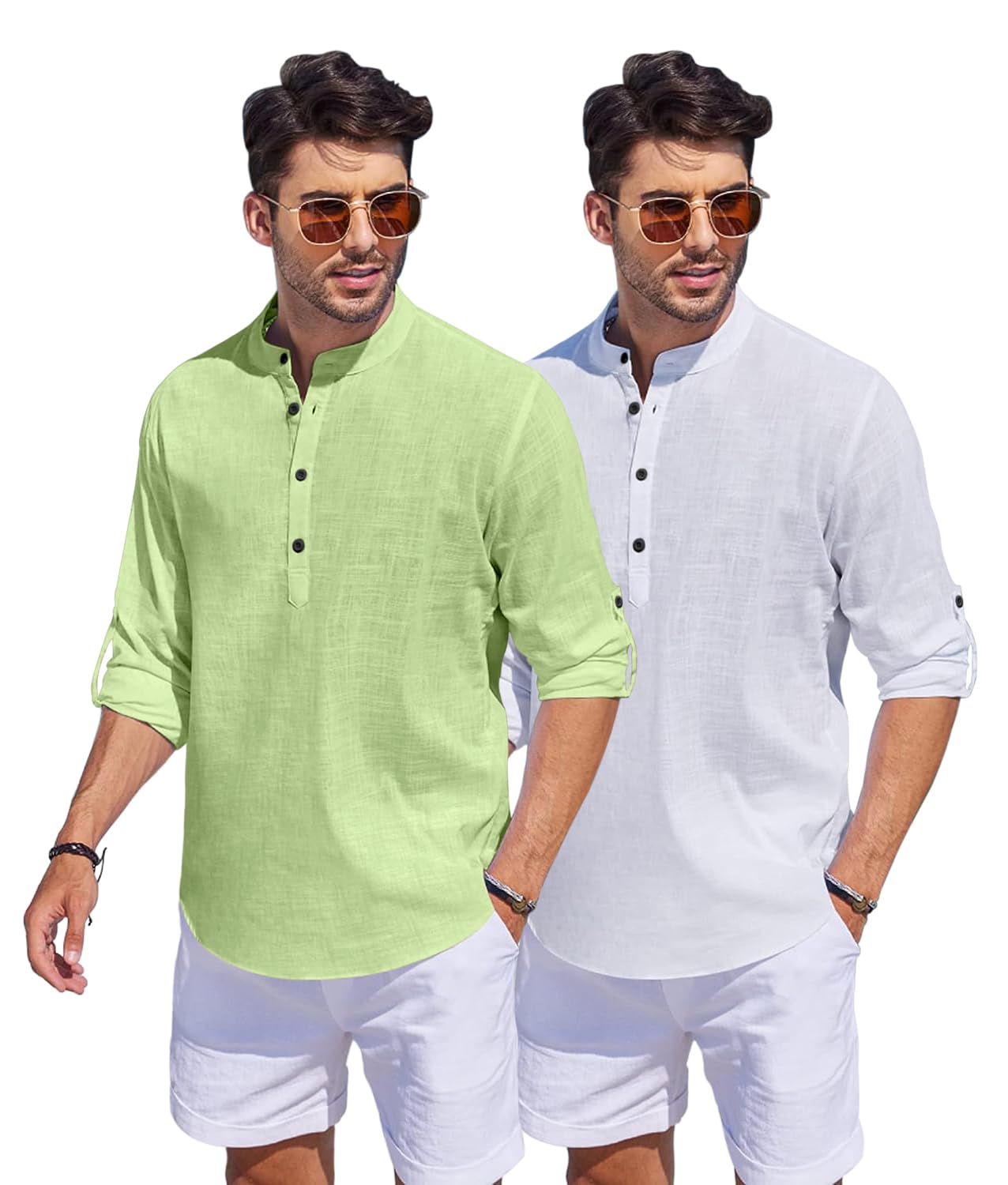Bellstone Men'S Cotton Blend Solid Regular Dress Shirt (Kurta1500_Combo_L Green & White_Xl_Light