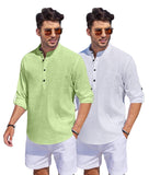 Bellstone Men'S Cotton Blend Solid Regular Dress Shirt (Kurta1500_Combo_L Green & White_Xl_Light