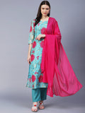 Anni Designer Women'S Cotton Blend Floral Straight Kurta With Pant & Dupatta (Madhya_Turquoise_X-Large),Turquoise,XL,,,