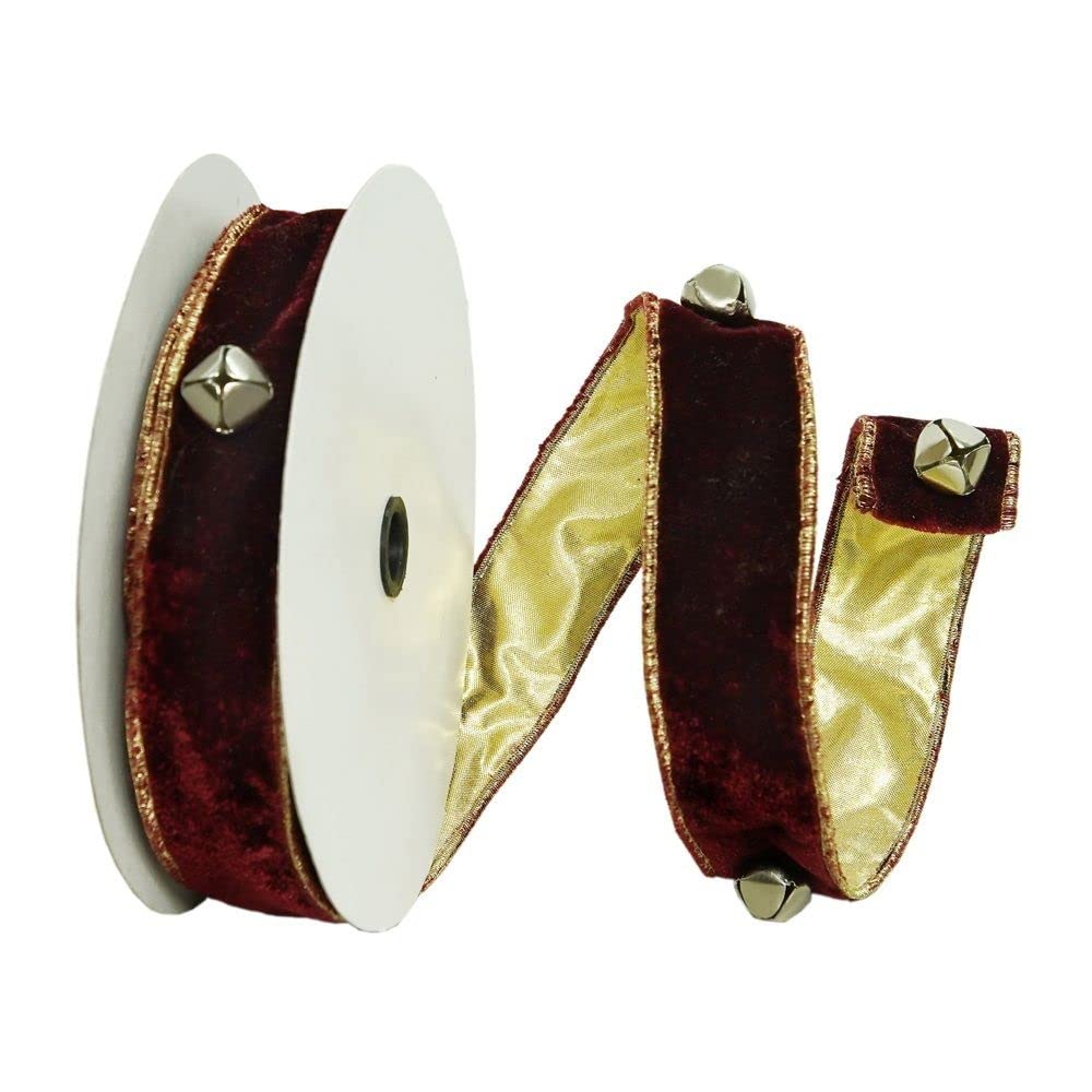 Vickerman 1.5 X 10 Yd Wine Jingle Bells Wired Edge Christmas Ribbon.