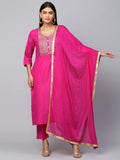 Anni Designer Women'S Cotton Blend Embroidered Straight Kurta With Pant & Dupatta (Lissy New Pink_M_Pink_Medium),Pink,M,Cotton Blend,Straight,