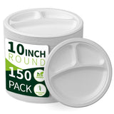 Lxins ECO 150 Pieces 100% Compostable 10 Paper Plates, 3 Compartments Heavy Duty Disposable Plates, Eco Friendly Combo Plates, B