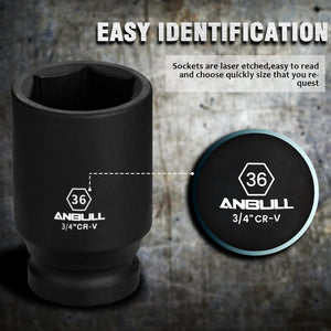 Anbull 3/4 Inch Drive Deep Impact Socket Set, 12 Piece Metric Combination, Sizes 17mm 19mm 21mm 22mm 24mm 27mm 30mm 32mm 33mm 36
