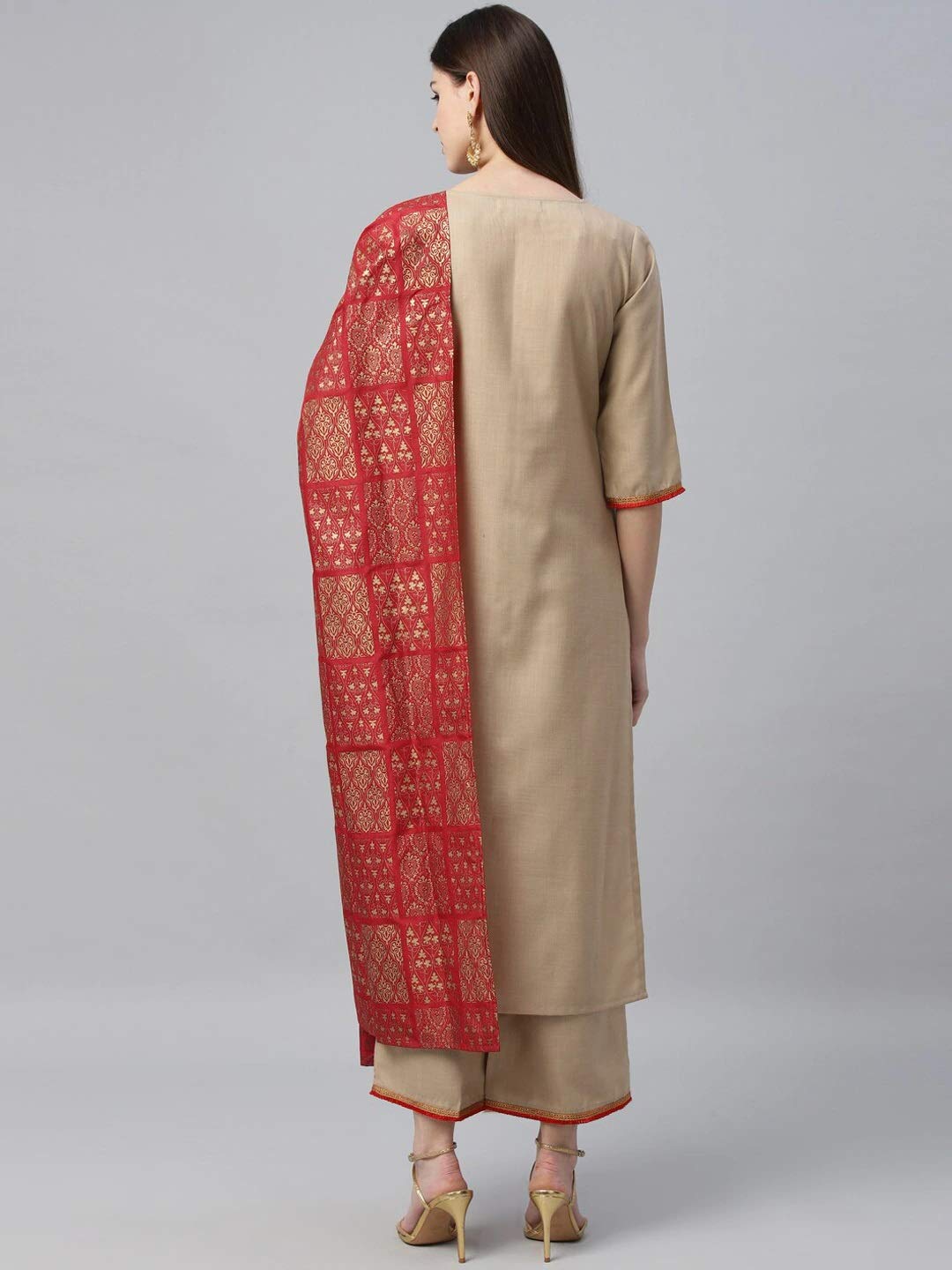 Anni Designer Women'S Cotton Solid Kurta With Palazzos & Dupatta (Beige Xl),Beige,XL,Cotton Blend,Straight,Dupatta