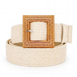 Women Belts For Dresses, Elastic Straw Rattan Waist Band With Wood Buckle