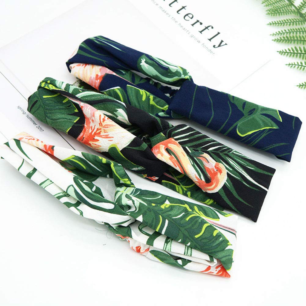 Aysekone 3 Pack Elastic Women's Tropical Beach Wind Summer Headbands Hair Accessories Turban Green Banana Leaves Printed Cross K