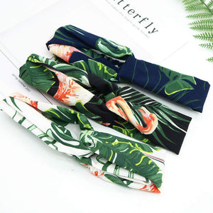 Aysekone 3 Pack Elastic Women's Tropical Beach Wind Summer Headbands Hair Accessories Turban Green Banana Leaves Printed Cross K