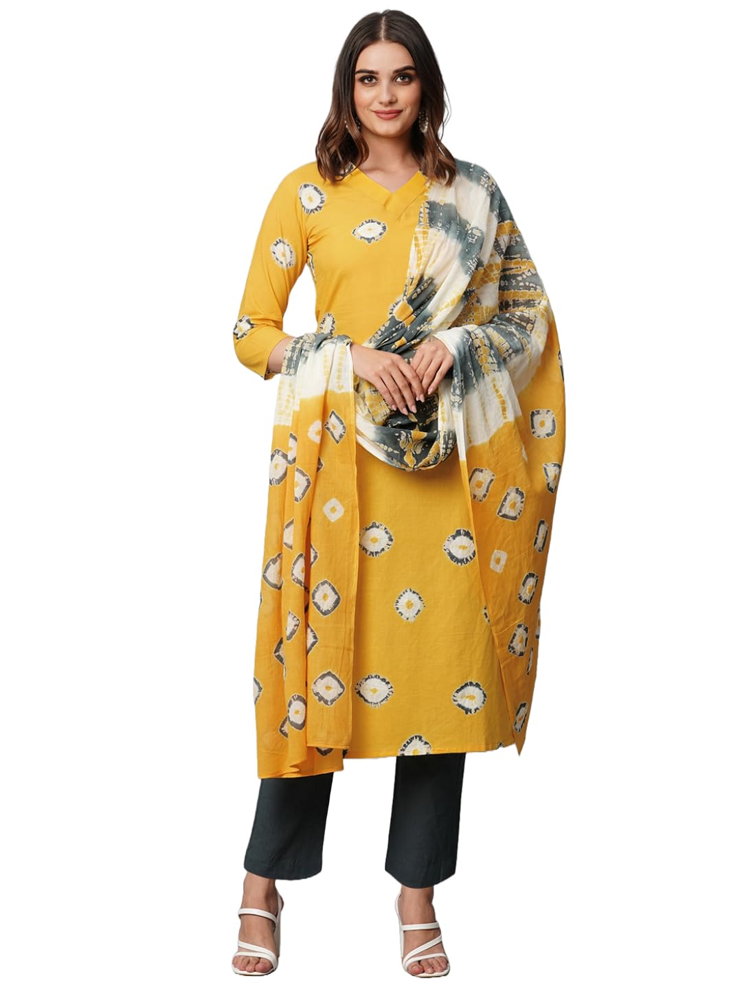 Gosriki Women'S Cotton Blend Straight Printed Kurta With Pant & Dupatta (Baldev Yellow-Gs_M_Yellow_Medium),Yellow,,B0CGD876VD