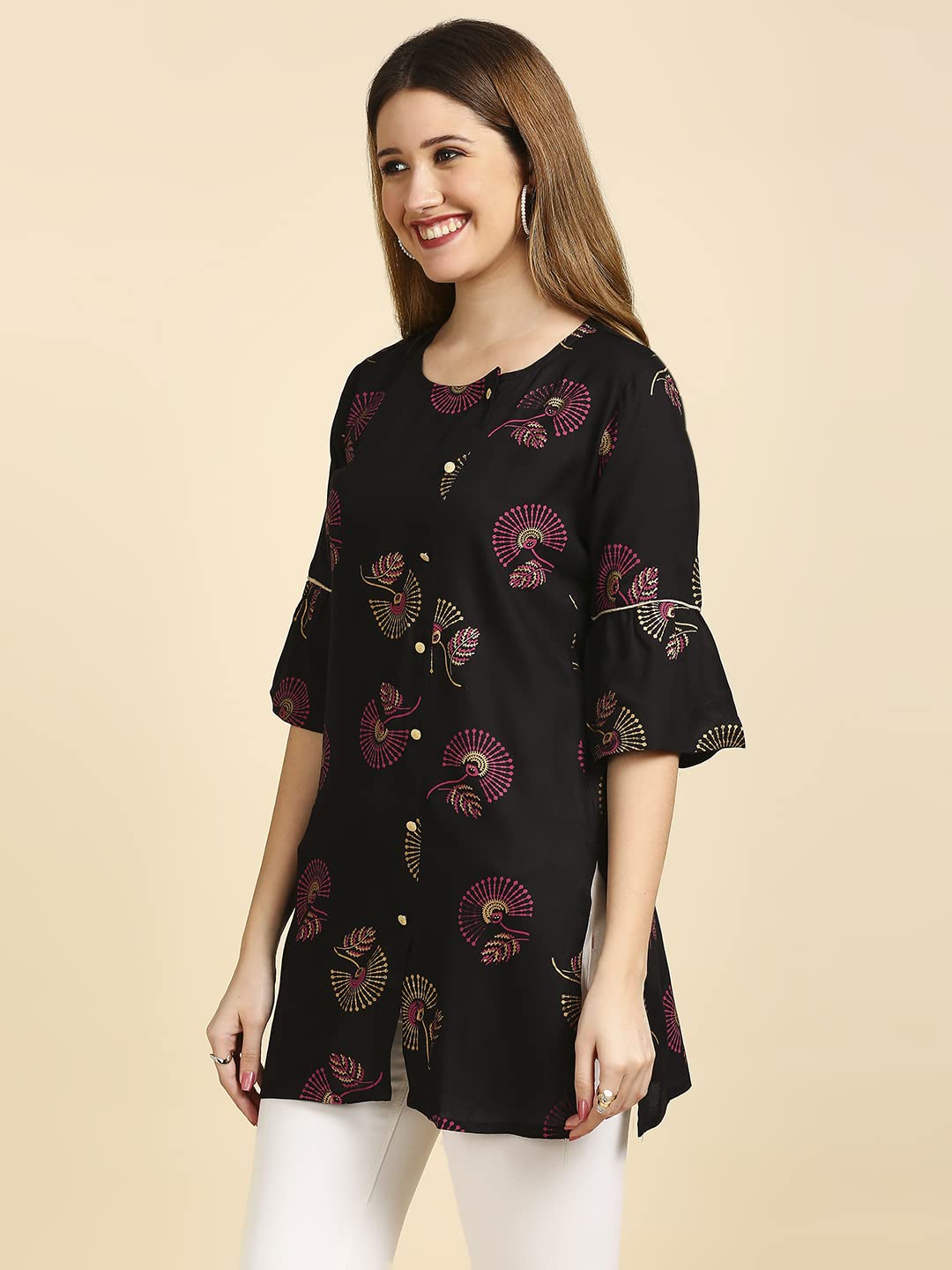 Anubhutee Black Floral Print Straight Short Cotton Kurti For Women Black S