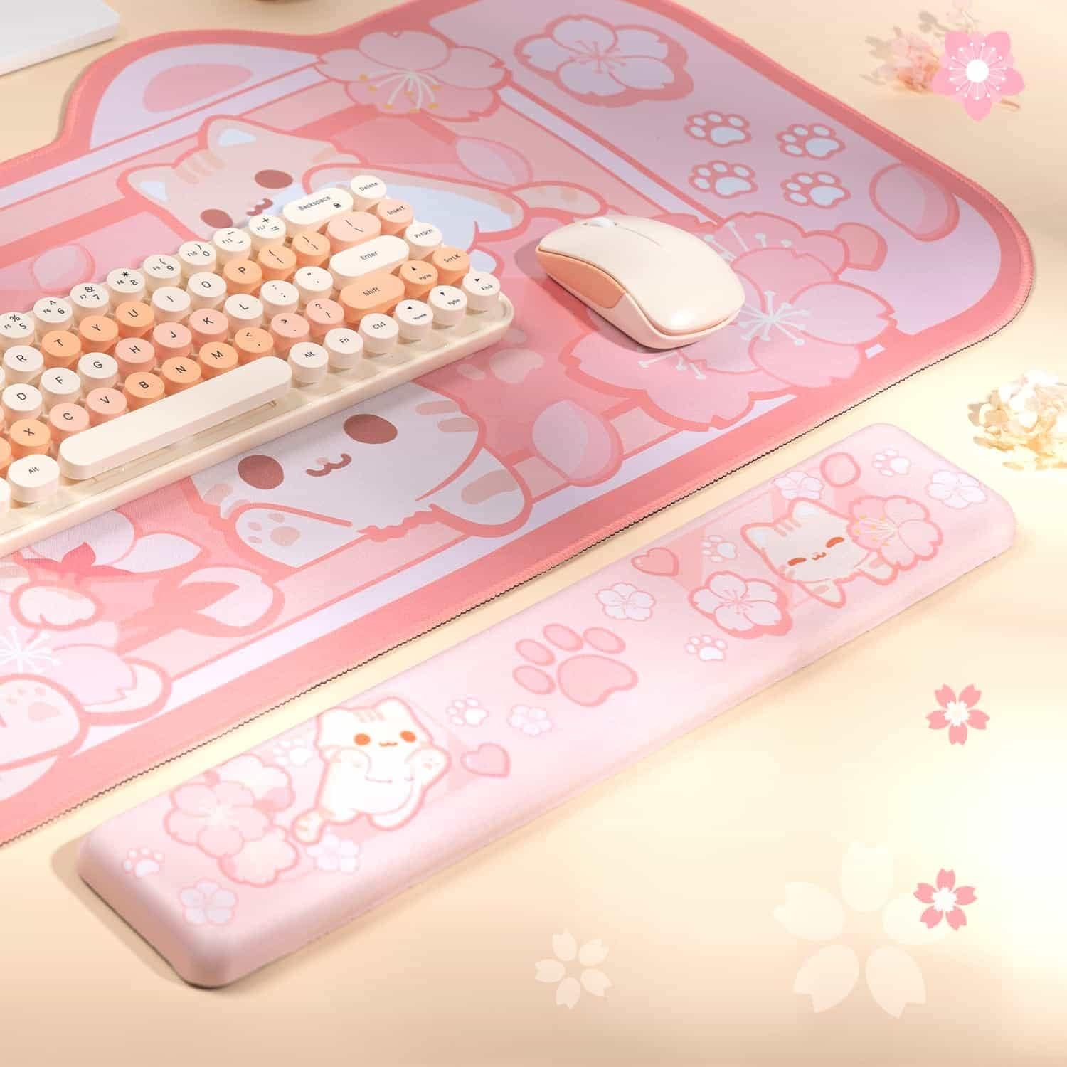 BelugaDesign Sakura Cat Desk Pad | NS Switch Keyboard Laptop Gaming Setup Accessories Mat Large Mat Mousepad | Pastel Pink Bunny