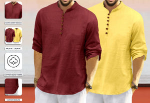 Royalscout Men'S Cotton Polyester Blend Solid Regular Fit Full Sleeve Short Kurta | Ethnic, Lightweight Summer Kurta For Daily & Occasion Use Maroon-Yellow Maroon-Yellow 3Xl