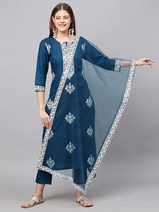 Gosriki Women'S Cotton Blend Straight Embroidered Kurta With Pant & Dupatta (Weekend Rama-New_Xl-Go_Rama_X-Large),Rama,,B0B4FXRNFD