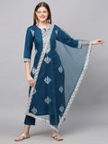 Gosriki Women'S Cotton Blend Straight Embroidered Kurta With Pant & Dupatta (Weekend Rama-New_Xl-Go_Rama_X-Large),Rama,,B0B4FXRNFD