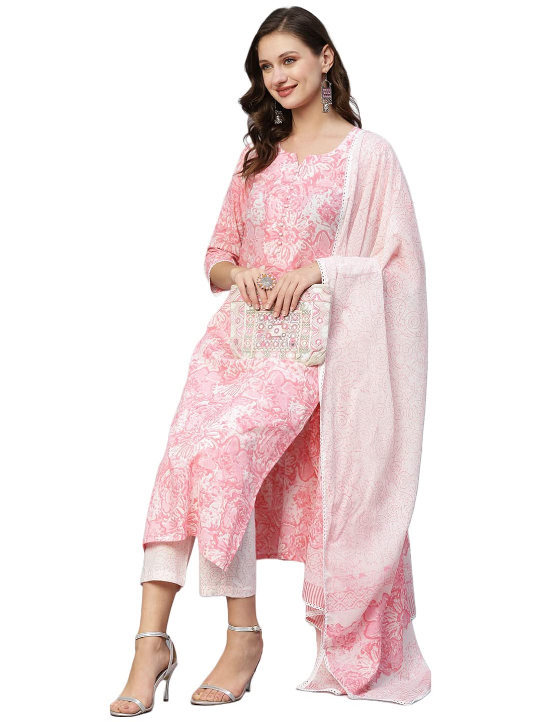 Anni Designer Women'S Cotton Blend Straight Printed Kurta With Pant & Dupatta (Prem Pink_Xl_Pink_X-Large),Pink,XL