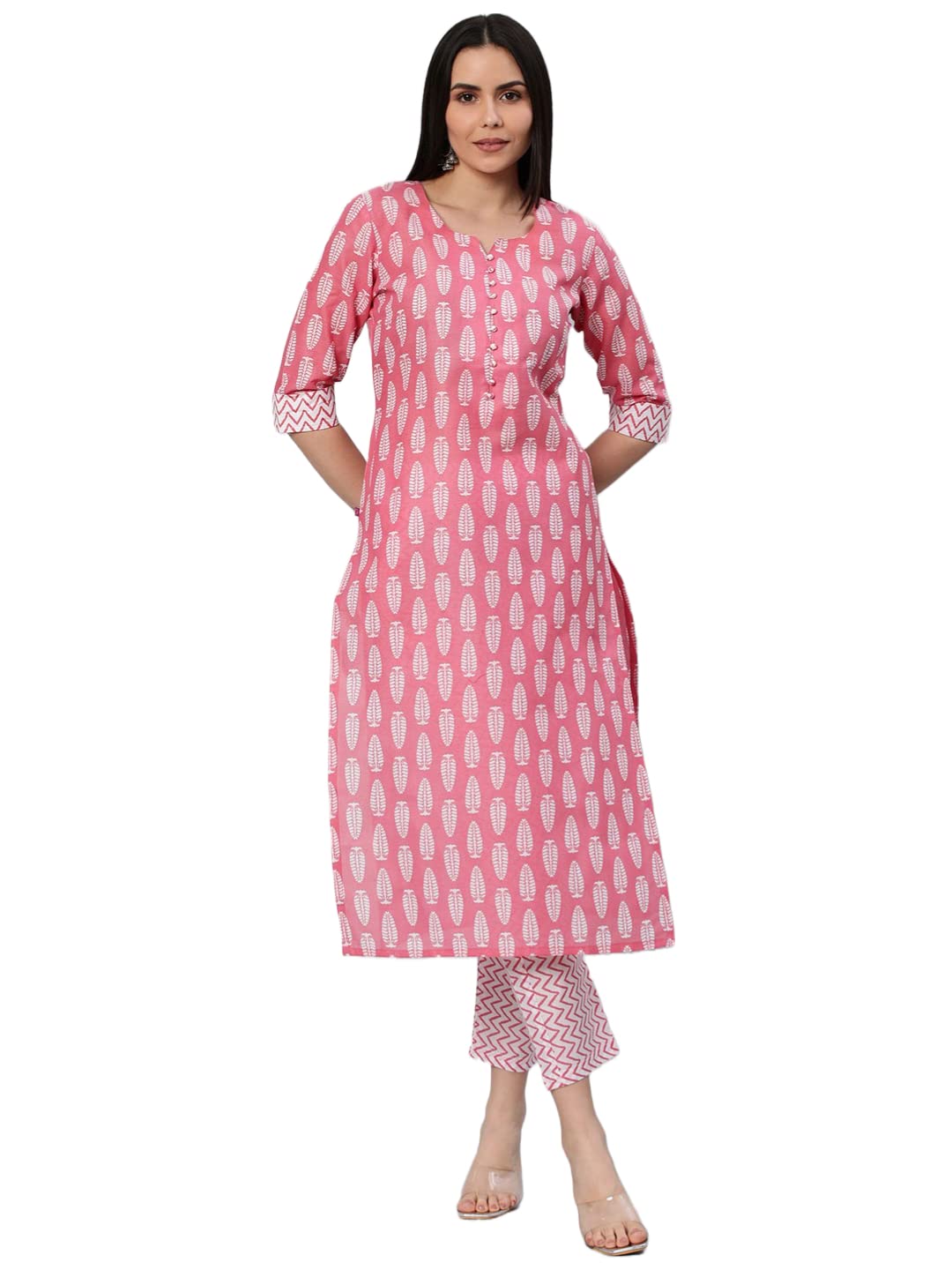 Anni Designer Women'S Cotton Blend Traditional Straight Printed Kurta And Pant Set (Danapa Pink_L_Pink_Large),Pink,L